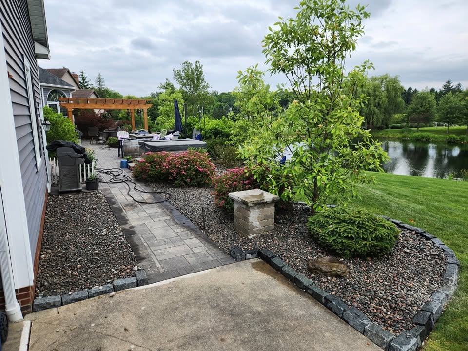 Paver Pathway & Rock Beds by Pond